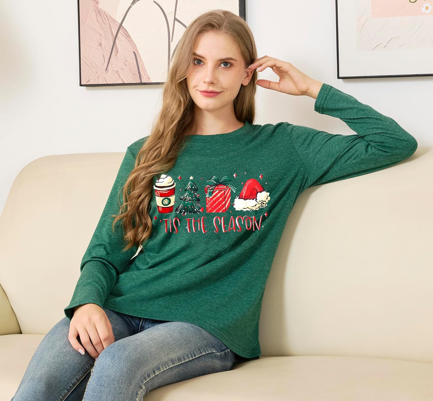 Christmas Shirts for Women Long Sleeve Xmas Graphic T Shirt Top Tis The Season Tree Snowman Print Holiday Shirt Blouse - Image 5
