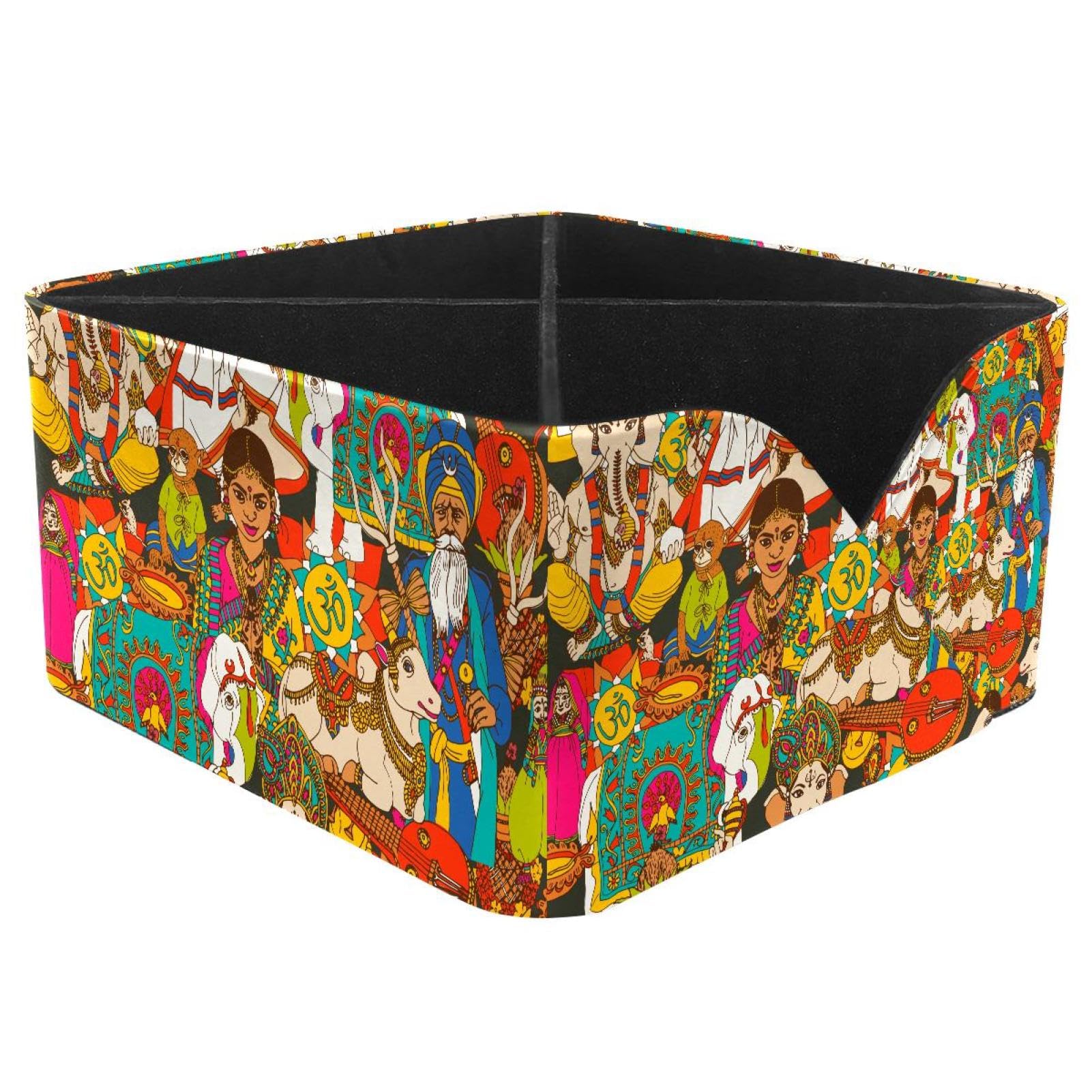 KengjuTesu Indian Cultural Holy Animals Masks Music Pattern Desktop Organizer Pen Holder, Rectangular Pencil Cup for Office, Study and Makeup Stations