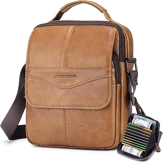 Leather Messenger Shoulder Crossbody Bag for Men,Big Capacity Mens Purse Handbag Come with Leather Cardit Houlder