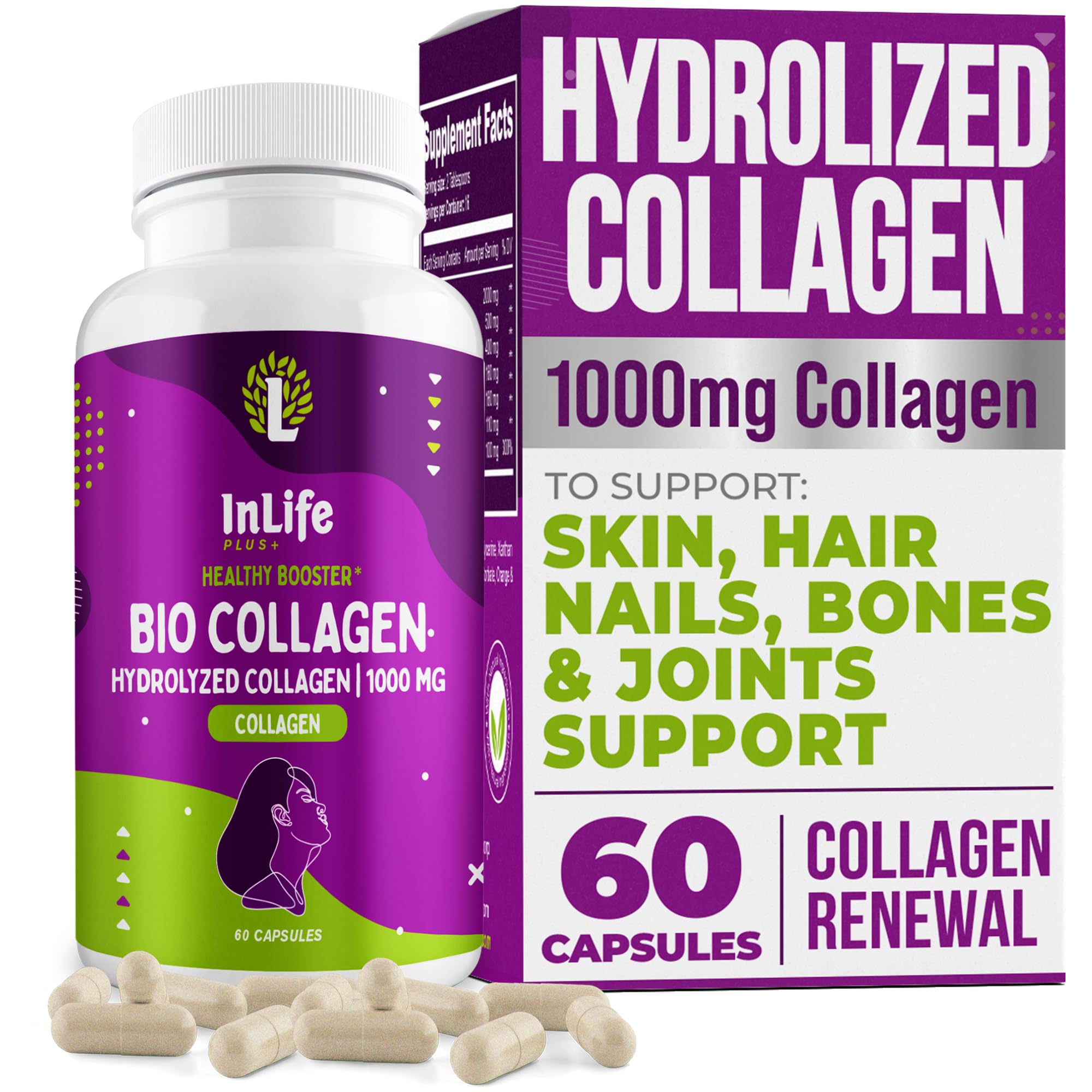 Hydrolyzed Collagen Peptides (60 Count), 1,000mg Per Serving, Beauty Joint and Anti Aging Support for Hair Skin Nails Bones and Joints, Collagen for Women and Men (30-Day Supply) (1)