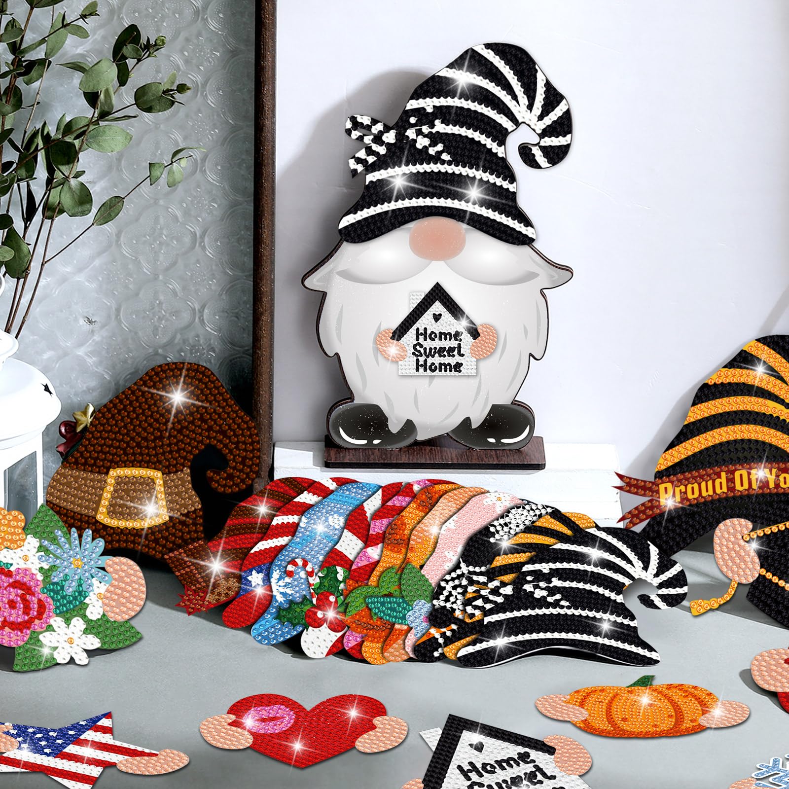 Juexica 32 Pcs Magnetic Diamond Painting Interchangeable Standing Posture Gnome Decor DIY Seasonal Gnome Sign Holiday Tiered Tray Decoration with Magnet Pieces for Home Office Desk (Adorable)