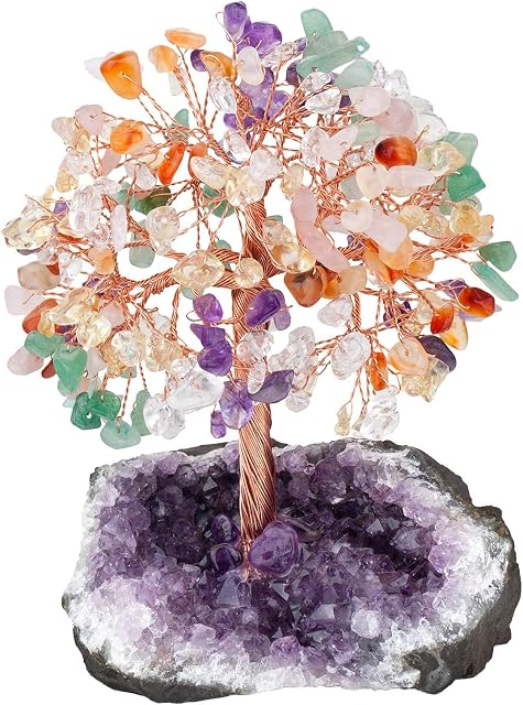 Amogeeli Healing Crystal Copper Money Tree with Raw Amethyst Cluster Base, Lucky Tree Stone Bonsai Feng Shui Office Home Decoration