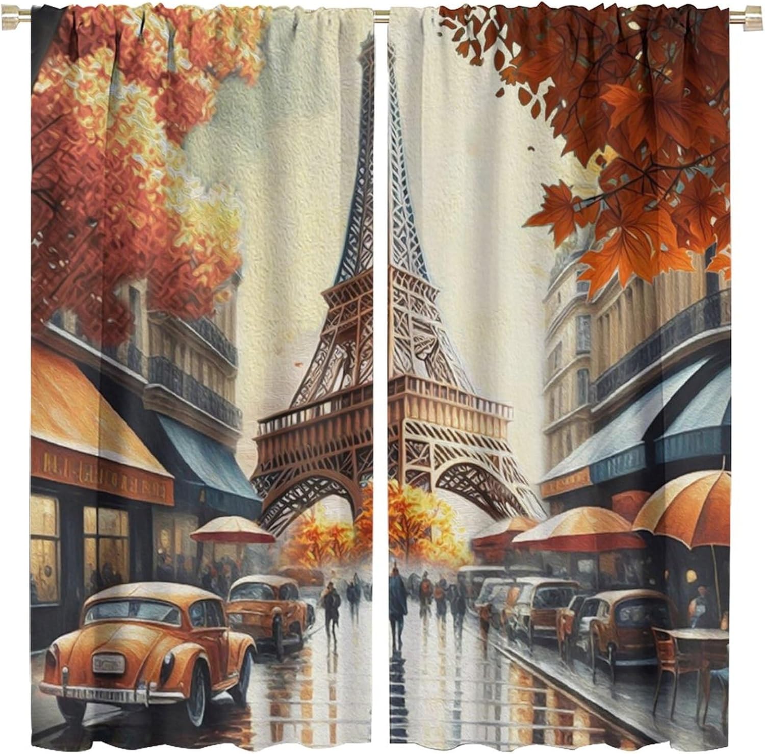 Brebasf Vintage Paris City Street Blackout Curtains for Living Room, Watercolor Oil Painting Style Eiffel Tower Fall Maple Leaves Room Darkening Window Curtains with Rod Pocket - 2 Panels 45"L x 21"W