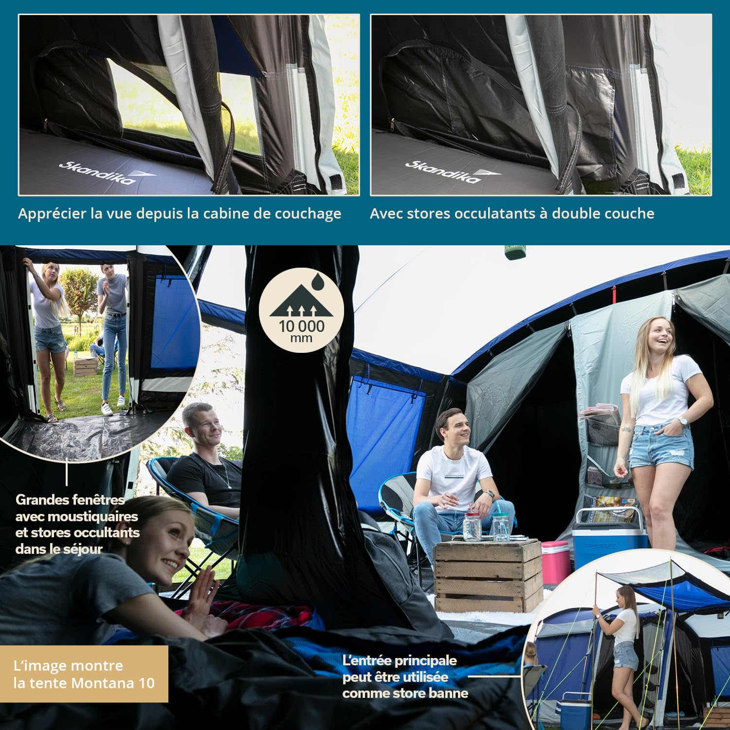 Skandika Tente Tunnel Montana 8 Personnes | Tente de Camping avec/sans Tapis de Sol Cousu, avec/sans Technologie Sleeper, 3-4 cabines de Couchage, 5000 mm (Bleu | Sleeper)