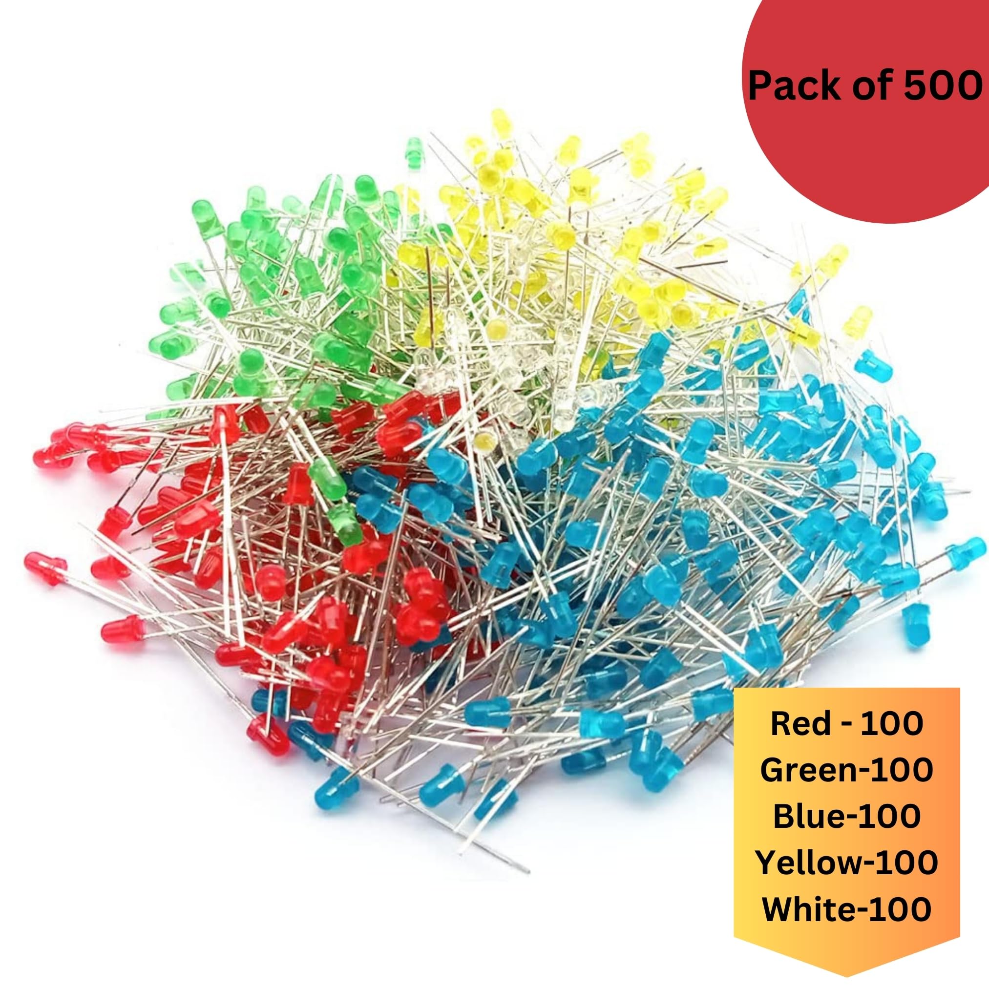 Lalitha 3mm LED Light Kit, Assorted Colors, White Yellow Red Green Blue, DIY Electronics Projects (Pack of 500) - Image 2 thumbnail