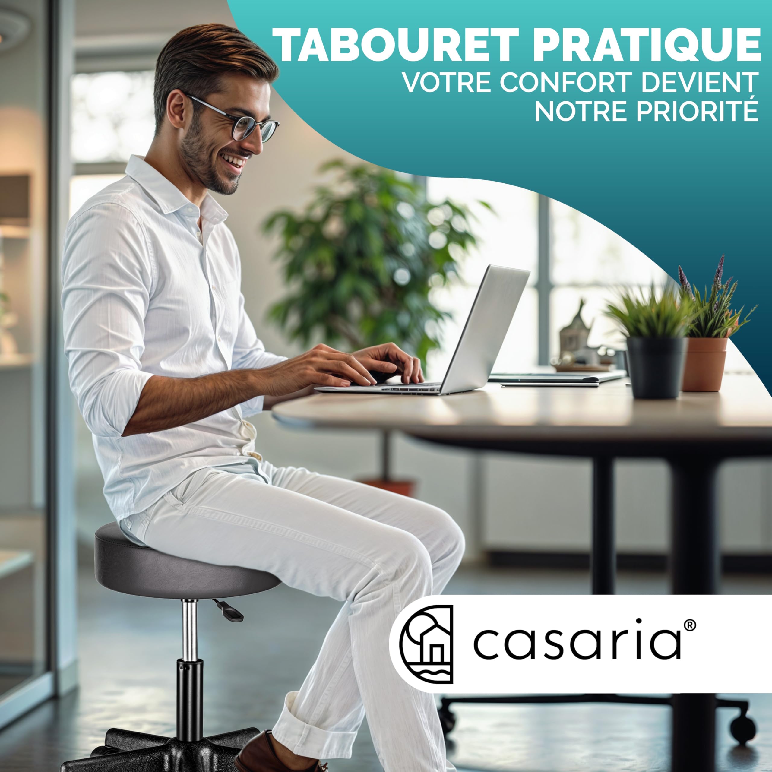 Casaria® Tabouret de Bureau Noir pivotant 360° Hauteur réglable 46-60 cm avec roulettes siège Rembourrage 10 cm
