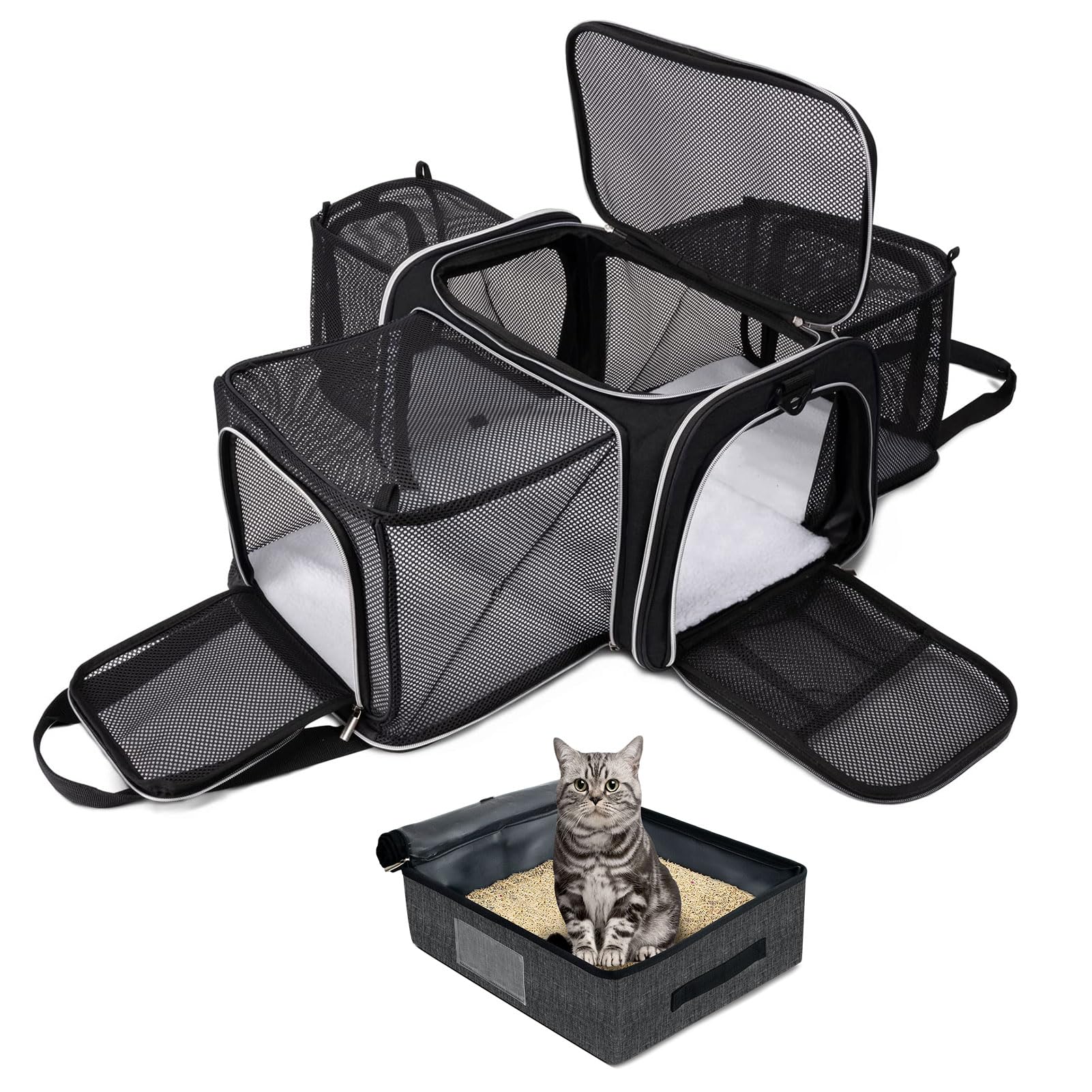 BAGLHER Expandable Cat Carrier with Travel Litter Box, Pet Travel 5 Sides Open Doors 3 Sides, Leak-Proof and Collapsible, for Car, Airplane Trip, Black