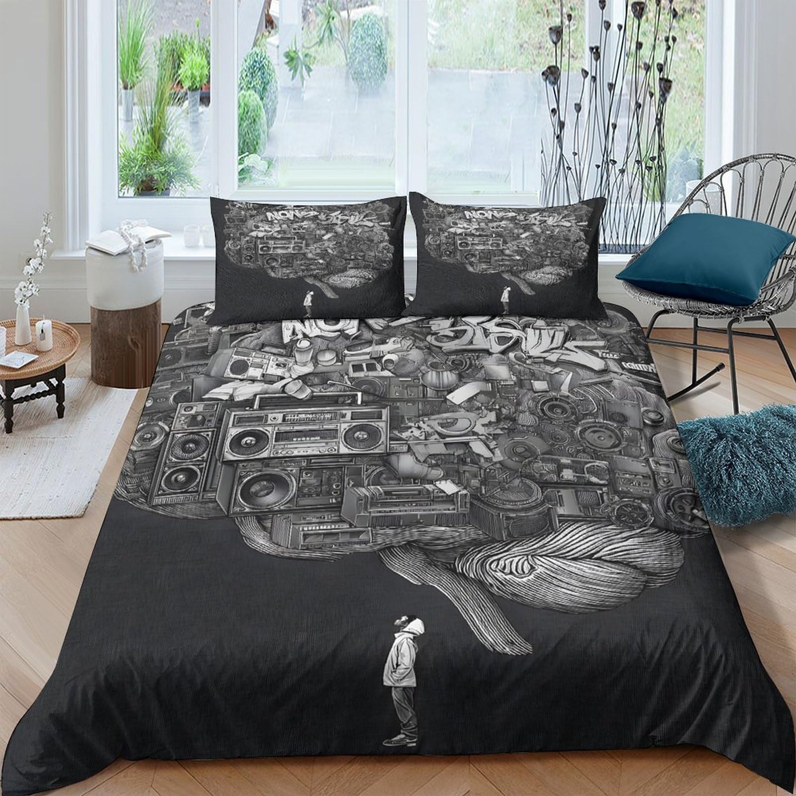 Ctjqhvkz Style-8 3D Printed Urban Graffiti Fitted Sheet Microfiber Street Art Mattress Cover Black White For Bedroom Dorm Decor Single（135X200cm）