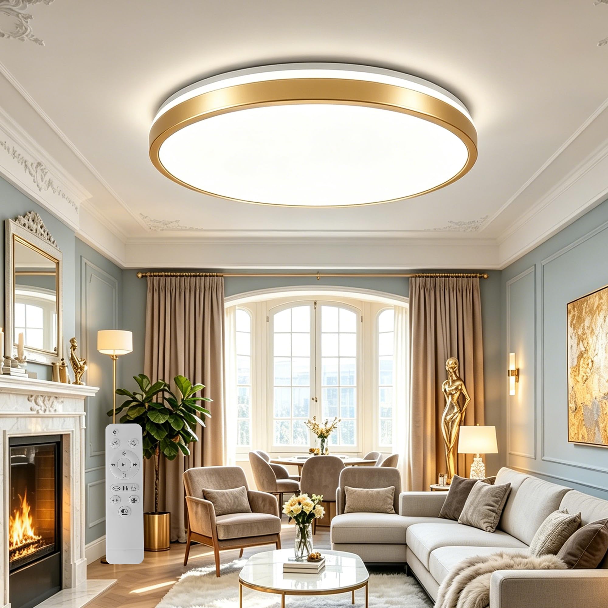 24W Bluetooth Ceiling Light with Remote Control, 30cm RGB Dimmable Ceiling Lamp, 3 Colour Temperatures, Light Luxury Gold Flush Mount Light for Living Room, Dining Room, Bedroom, Study, Entryway