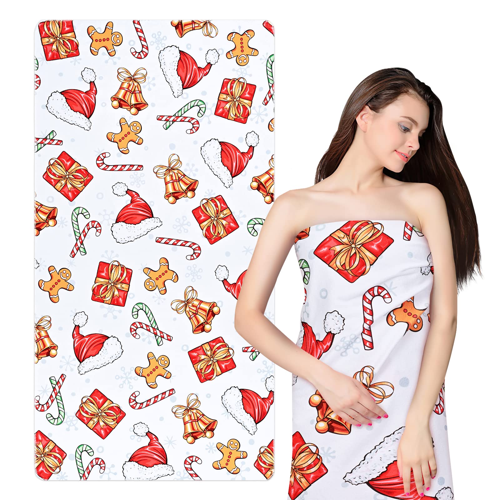 ASPMIZ Merry Christmas Beach Towel Oversized, Winter Santa Jingle Bell Bath Towel, Microfiber Quick Dry Absorbent Snow Bathroom Towel for Swim Travel Sports Shower Xmas Home Decor Gift, 31.5" x 59.1"