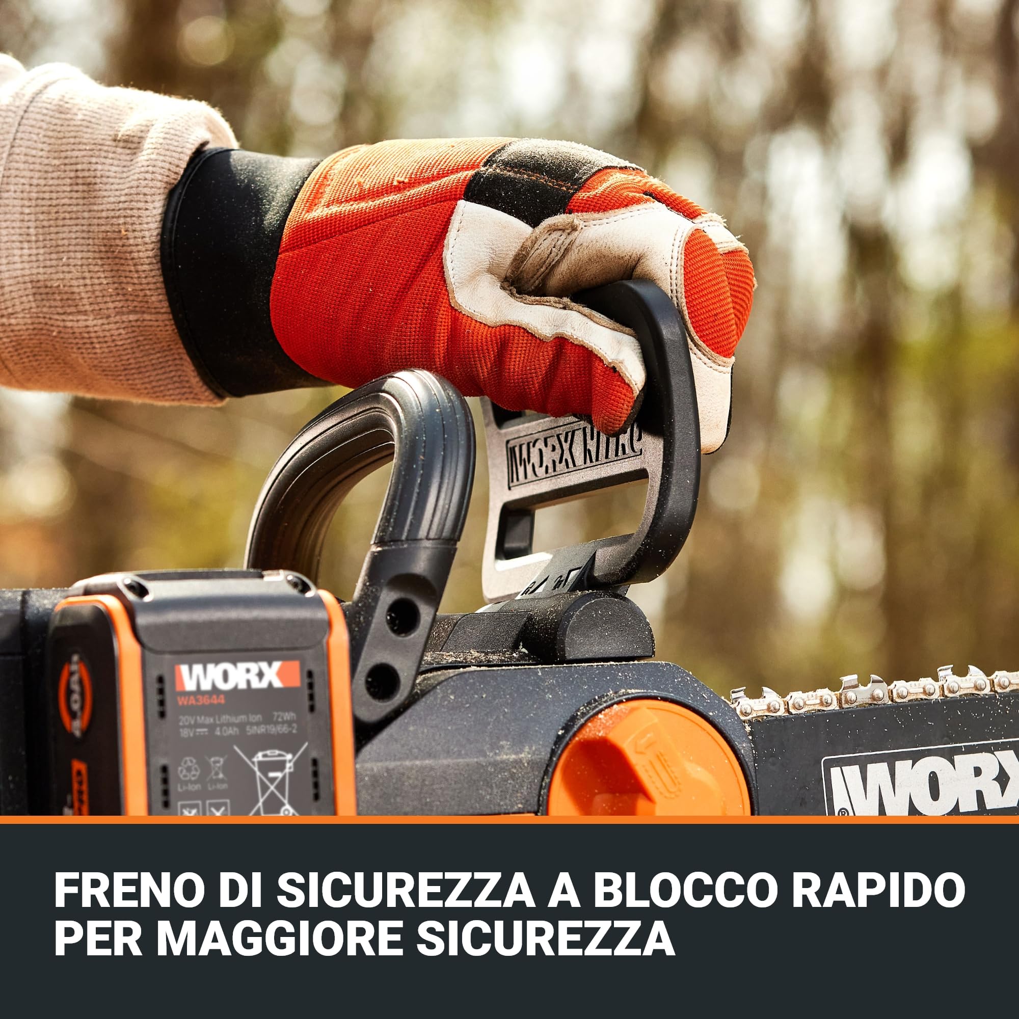 WORX Nitro WG350E motosega a batteria 20 V – potente sega per legno – 10 m/s – lunghezza di taglio 30 cm – compatta e sicura – lubrificazione automatica