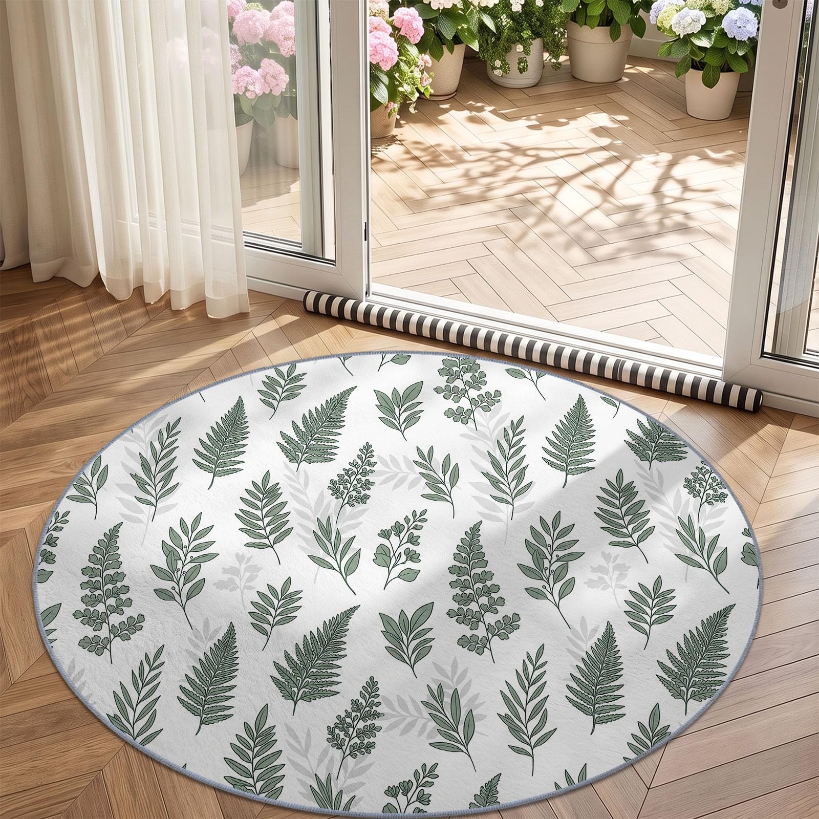 Générique Tapis Rond 180 cm Lavable Machine, Moquette Antidérapante Poil Bas Style Feuille Plantes Et Fleurs, Motif Branches De Fougères Et Feuilles Minimalistes Doux pour Chambre À Coucher, Vert