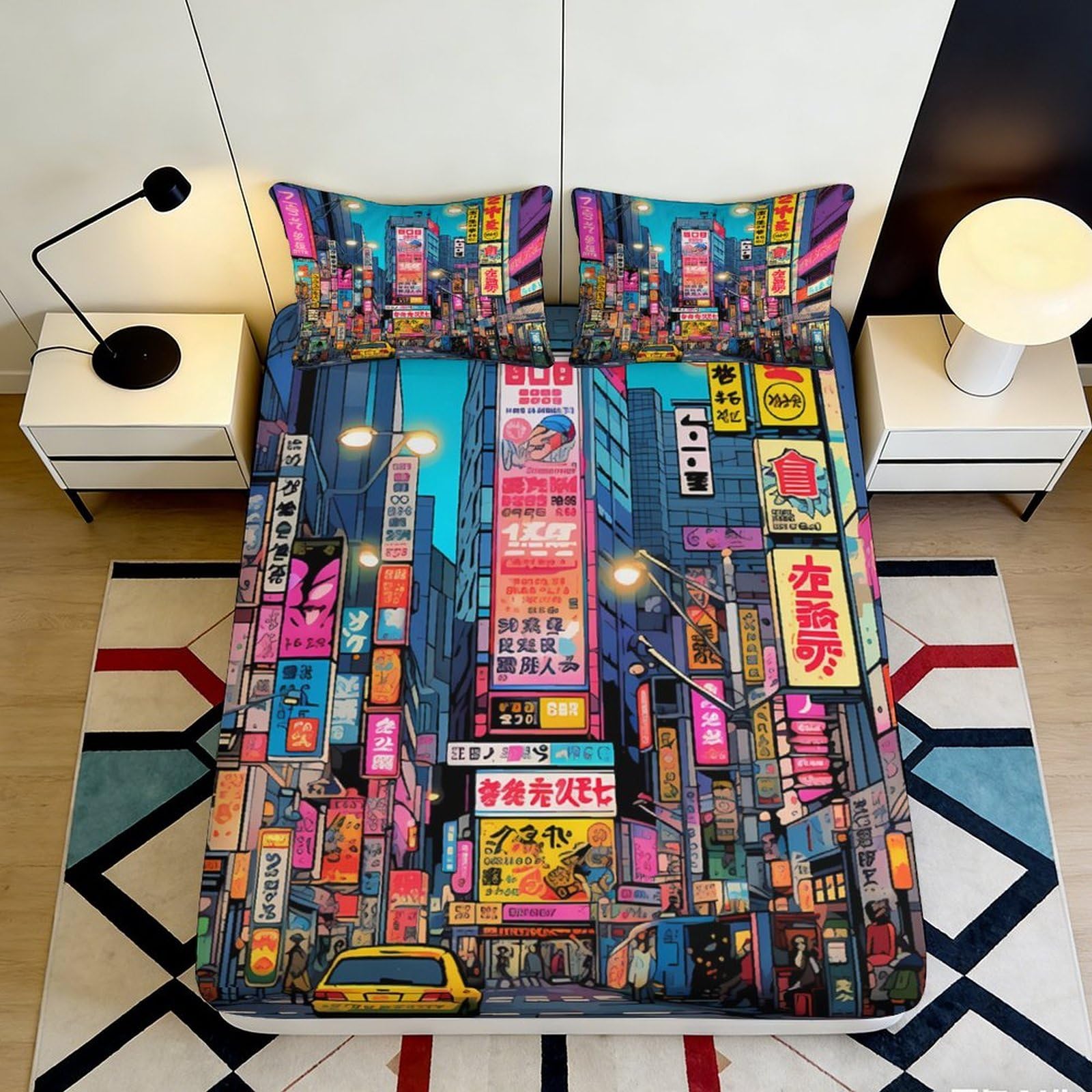 Pnayamiorkfel Style-2 3D Printed Neon Cityscape Fitted Sheet Microfiber Soft Urban Night Mattress Cover For Bedroom Guestroom Decor 90X200x25cm
