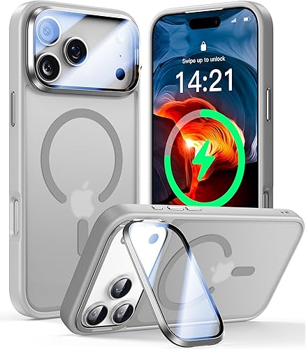 Miniatura 26 de Funda para iPhone 14 Pro de 6.1”, cubierta para cámara con soporte, protector de lente de cámara 9H, compatible con MagSafe, a prueba de golpes de