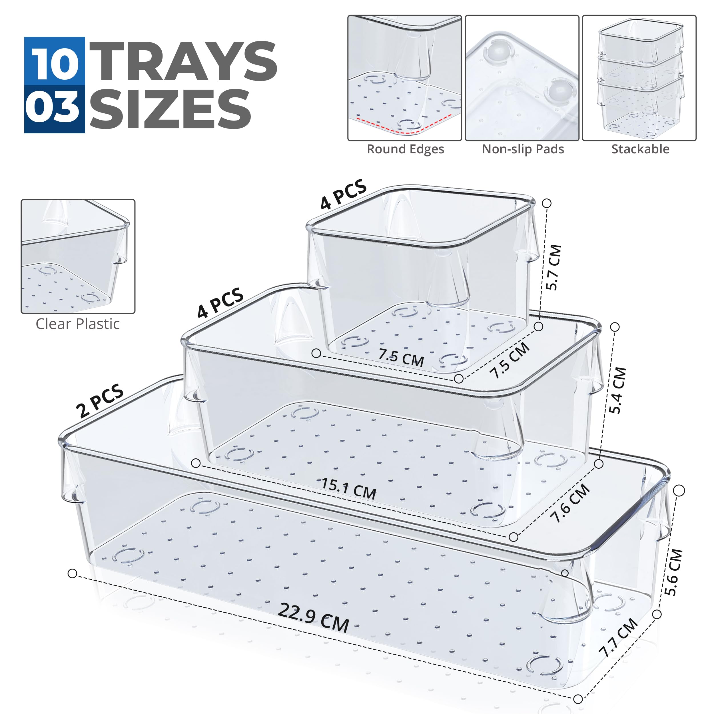 SMAZIUL 10 Pcs Clear Drawer Organiser with 3 sizes Desk Organizer ideal for organizing cosmetics, makeup, jewelry - Image 2