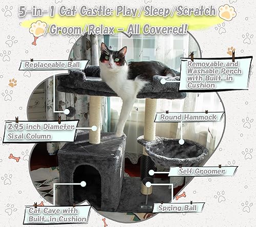 Miniatura 2 de Torre de árbol pequeño para gatos de 26.8 pulgadas, poste rascador para gatos de interior, con cueva para gatos y percha acogedora, auto aseo de