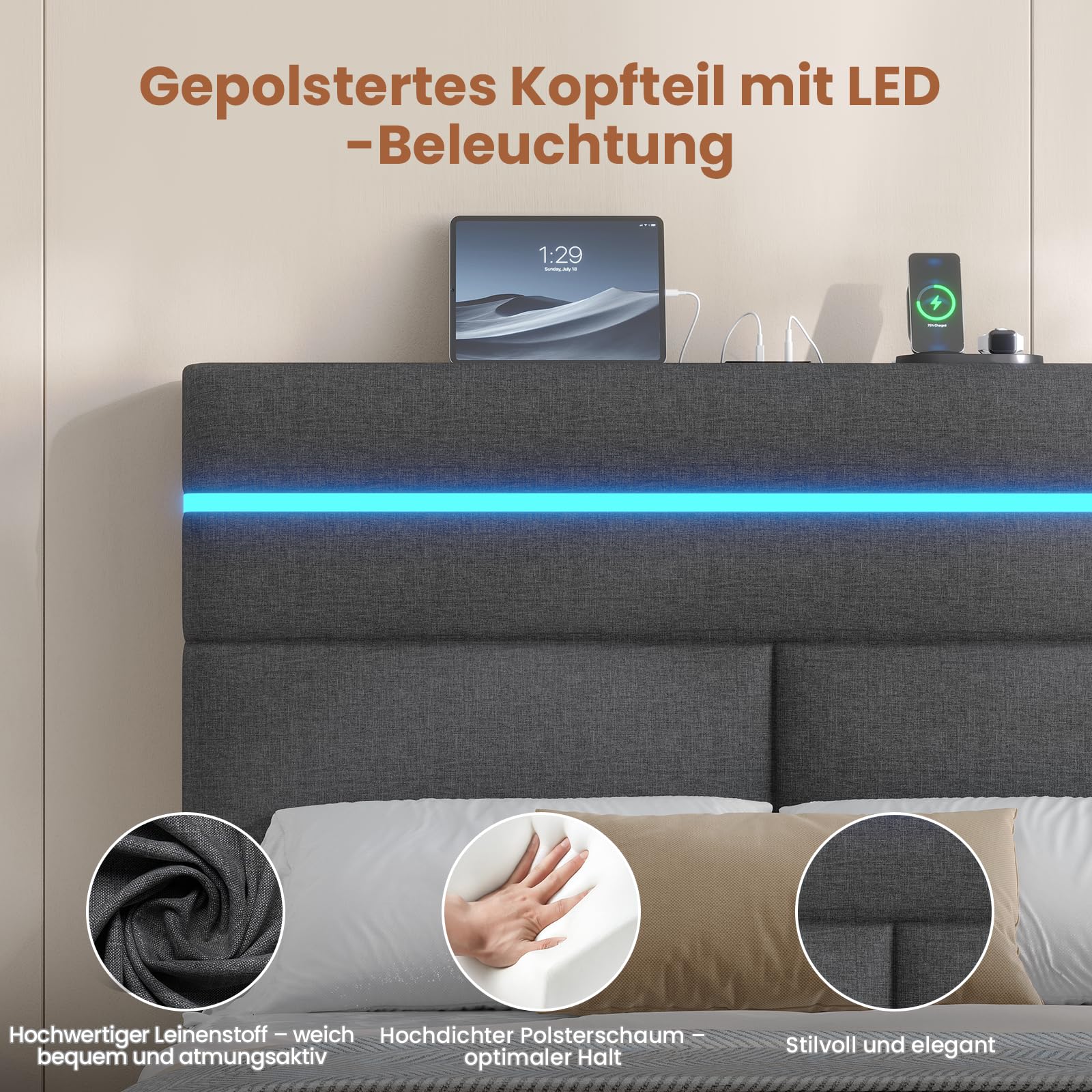 AOGLLATI Bett 140x200 mit Hydraulischem Stauraum, Polsterbett Doppelbett mit LED-Kopfteil & Ladestation (3 USB + 1 Type-C), Jugendbett mit Lattenrost,Boxspringbett, Dunkelgrau Leinen(ohne Matratze)