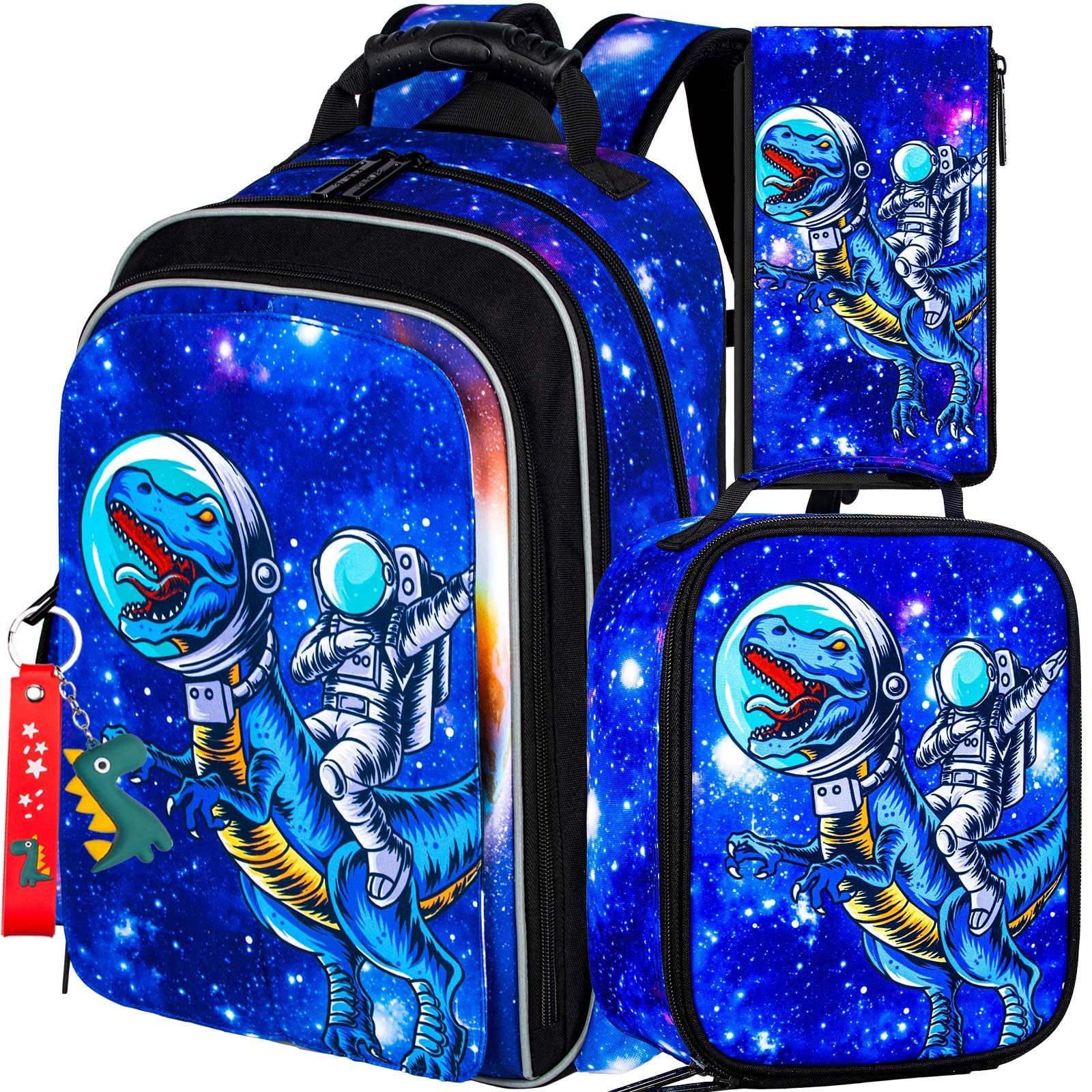 KLFVB 3PCS Cat Uni Dinosaur Backpack for Girls and Boys, 16" Kids Bookbag and Lunch Box, Preschool Backpacks for Elementary