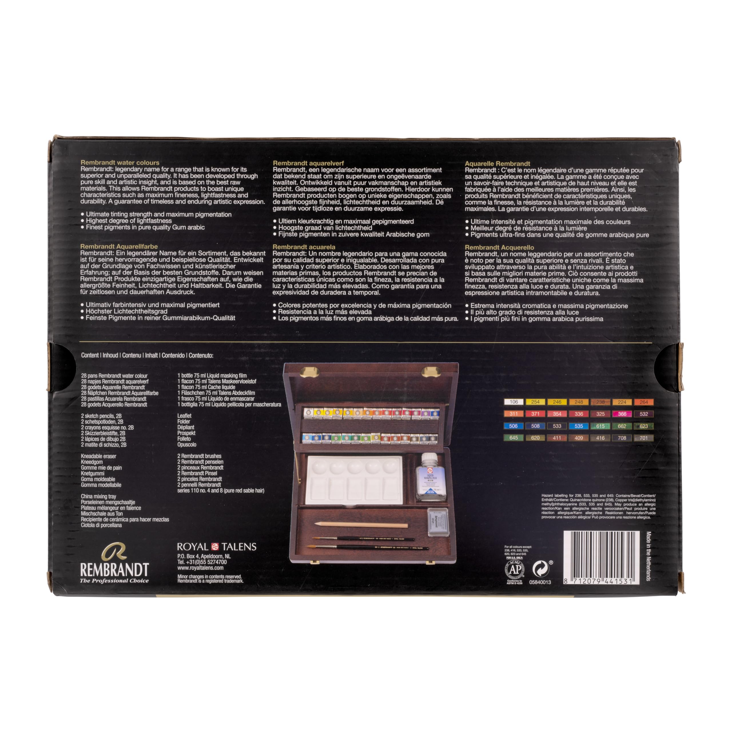 Rembrandt Aquarellfarben Holzkasten Profi-Set, 28 Töpfe + 7 Zubehörteile, Allgemeine Farbauswahl