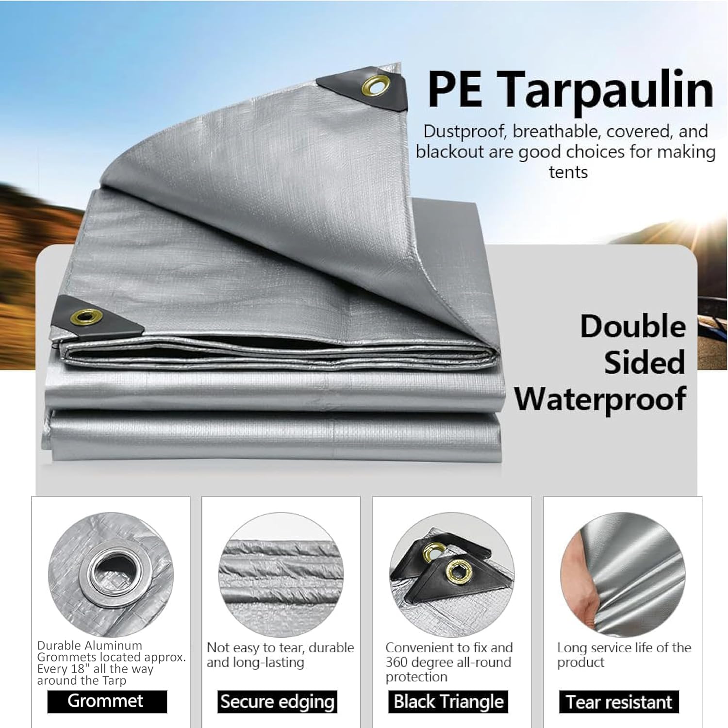 4-Layer Super Heavy Duty Silver Tarp with Black Out Shade Layer (Exact Sizes Within 2 Inches) (9’-8” x 19’-8”)