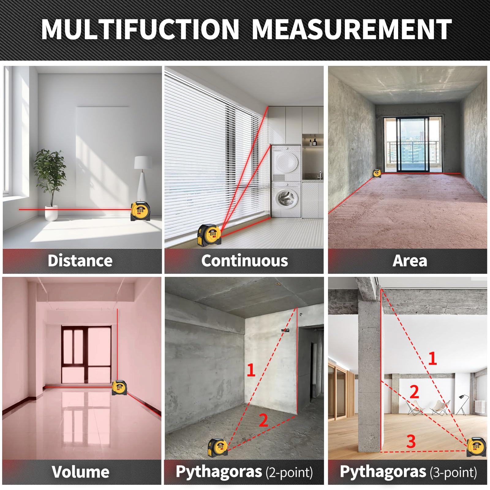 Mètre ruban laser 3 en 1 avec télémètre laser de 41,1 m et 4,9 m pour Pythagoricien, zone, volum, conversion multi-unités (Ft/Ft+in/in)