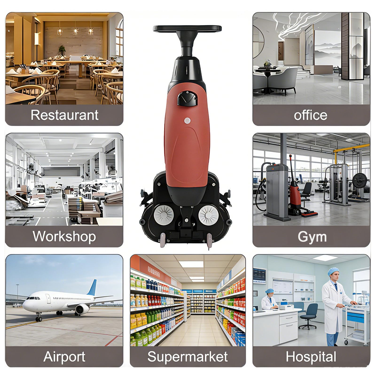 Máquina de limpieza de suelos comercial con cabezal giratorio de 360° y cepillos dobles para un mantenimiento eficiente en cocinas, escuelas, hoteles y fábricas