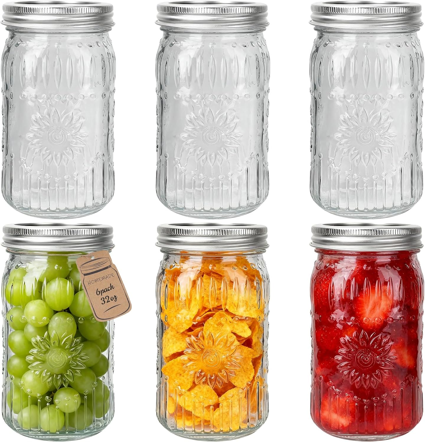 CycleMore Wide Mouth Mason Jars 32oz, 12Pack Glass Canning Jars with Metal Airtight Lids and Bands, 1Quart Large Food Canister forJam Making, Pantry Organization & Party Decor