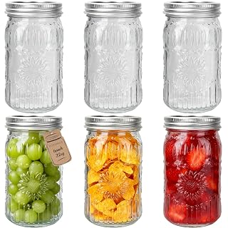 CycleMore 6 Pack 32oz Glass Mason Jars with Silver Two-Piece Lids - Wide Mouth Jars, 1 Quart Canning Jars With Sunflower Print for Preserving, Decor & Storage - Amazon product rated Grade A