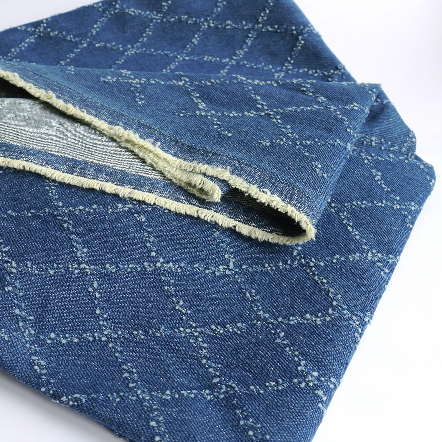 12oz Sky Blue Washed Denim Fabric, Non-Stretch Denim Material, Jacquard Geometric Check Prism Pattern, 420gsm 100% Cotton, 70 Inches Wide, Sewing Fabric for Jeans Jackets Cr (2 Yard pre Cut)