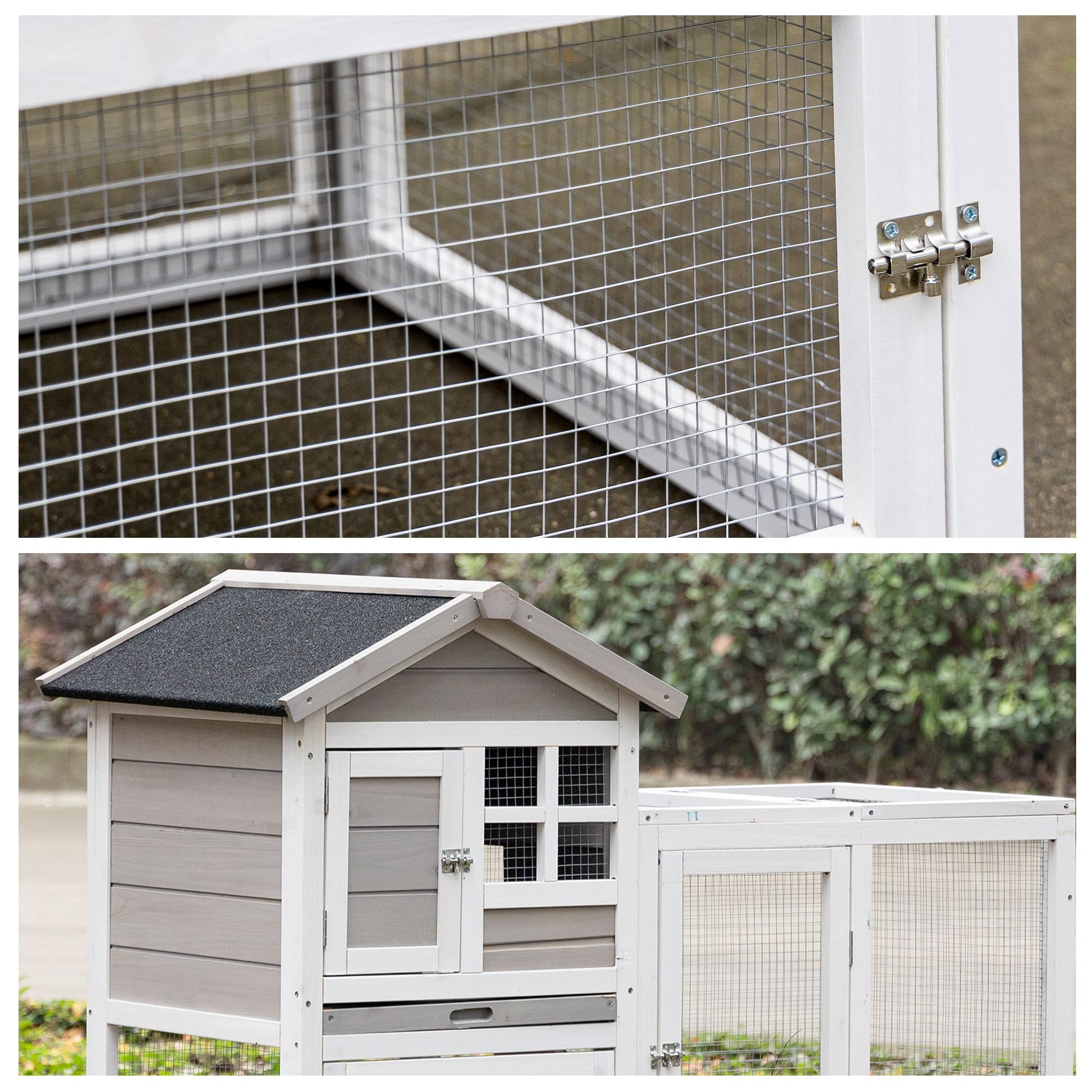 PawHut Clapier Cage à Lapins Cottage - Niche supérieure avec Rampe et enclos extérieur - Plateau Coulissant, Toit bitumé, 4 Portes verrouillables - dim. 128L x 64l x 92H cm Bois de Sapin Blanc Gris