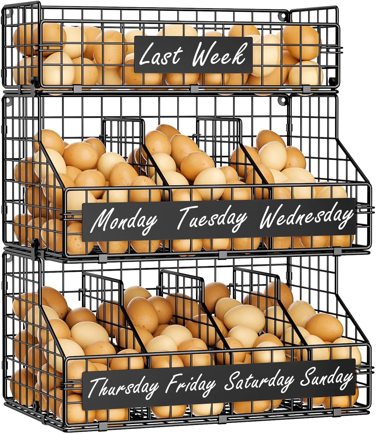 keomaisyto Egg Holder Countertop with 5 Dividers & Labels to Separate Eggs, 3 Tier Stackable Wire Storage Baskets for Gathering Fresh Eggs, Large Egg Rack for Countertop/Wall-Mounted, Patent Pending Large - with dividers & labels