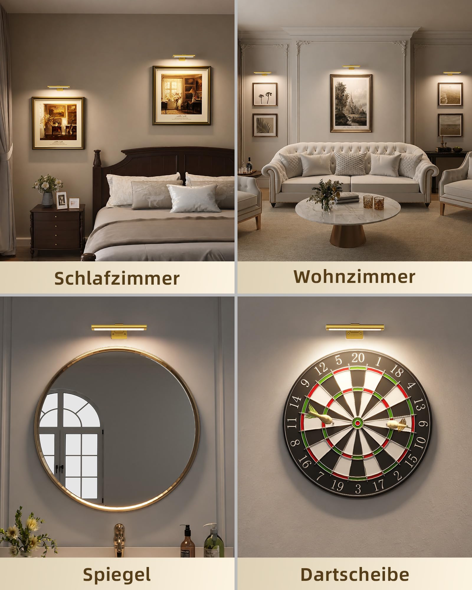 EZVALO Iluminación de Imagen Inalámbrica, Lámpara de Pared Inalámbrica para Interiores, Luces LED con Batería para Espejo de Baño, Cuadros, Pinturas y Fotos (2 Piezas, Oro)