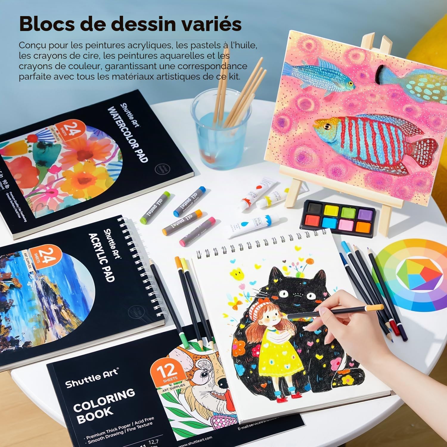Shuttle Art 202 Pièces Malette Dessin, Kit Dessin en Bois avec 4 Blocs, Toiles, Peinture Acrylique, Crayons de Couleur, Crayons de Cire, Pastels pour Adultes