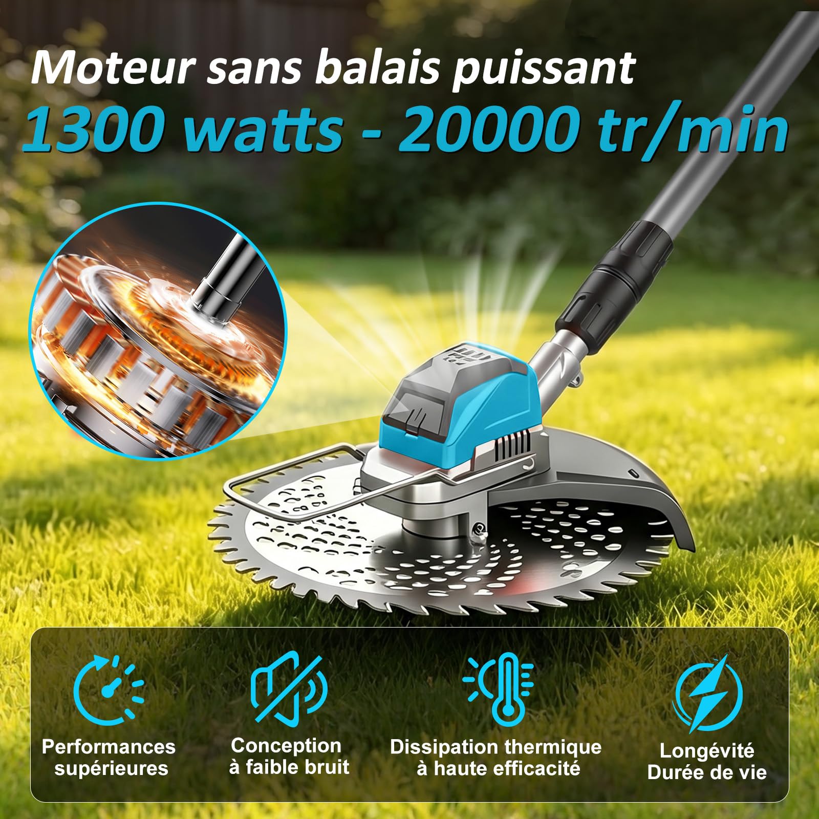 Debroussailleuse Electrique sans Fil 1300W avec écran LCD, Coupe Bordure avec 2 Batteries 4.0 Ah, Diamètre de Coupe : 25 cm, Poignée Réglable, Tige Pliable 3 en 1, pour Jardin Élagage (Bleu)