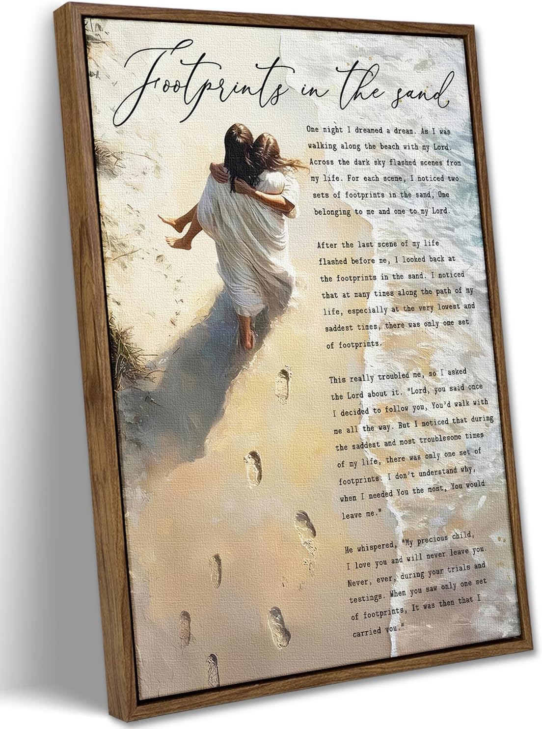 VXGMYPGZ Framed Footprints in the Sand Canvas Wall Art, Inspirational Christian Poem Pictures Wall Decor, Jesus Carrying You Scripture Art for Prayer Room Living Room Bedroom Church (12x16in)
