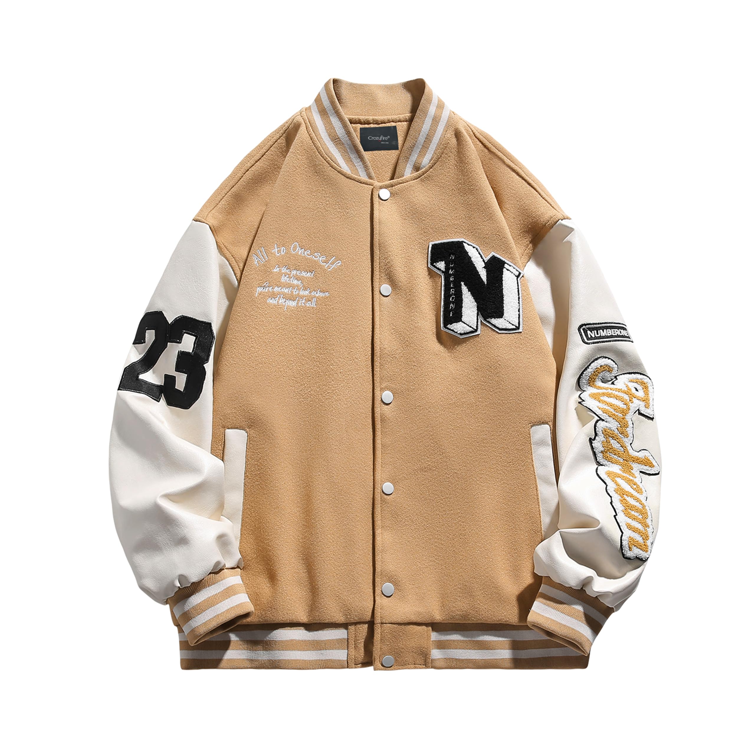 Crazyfire Mens Varsity Letterman Jackets: Vintage Streetwear Baseball Bomber Jacket for Men Women Casual Leather Sleeves Coat
