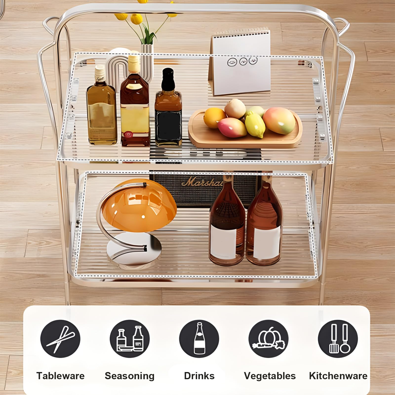 Moderno carrito de bar rodante con parte superior de cristal y marco de acero inoxidable, carrito de servir plegable de 2 niveles con ruedas para cocina o comedor, carrito de almacenamiento móvil para