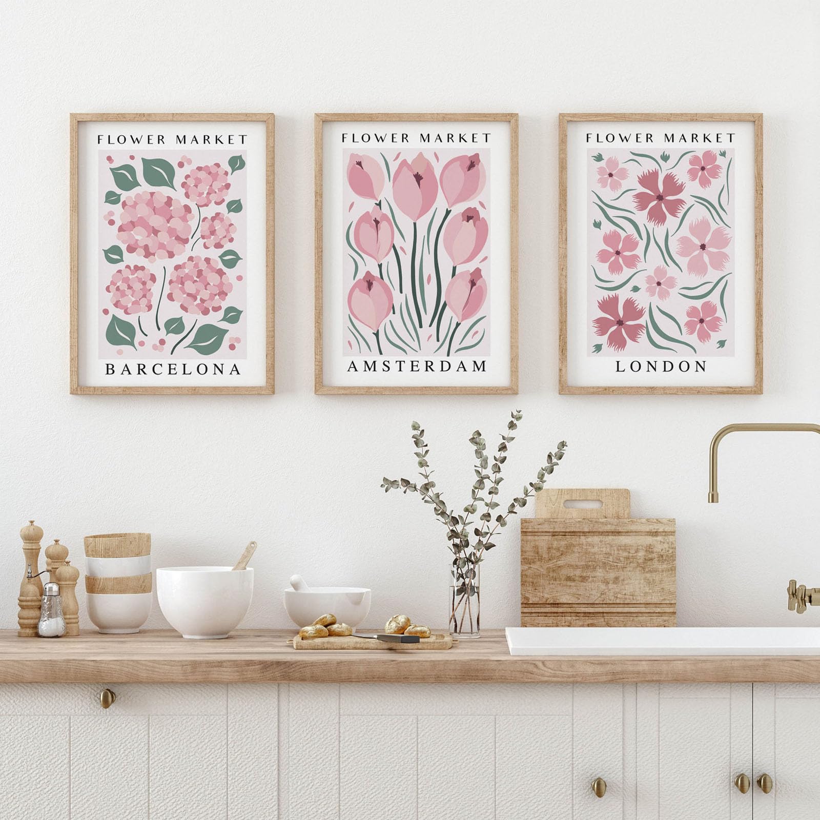 JORCEDI 3-Piece Premium Poster Set, Vintage Pink Floral Prints, Boho Style Wall Decor, Art Prints for Living Room, Bedroom & Dining Room, Unframed (21 * 30cm)
