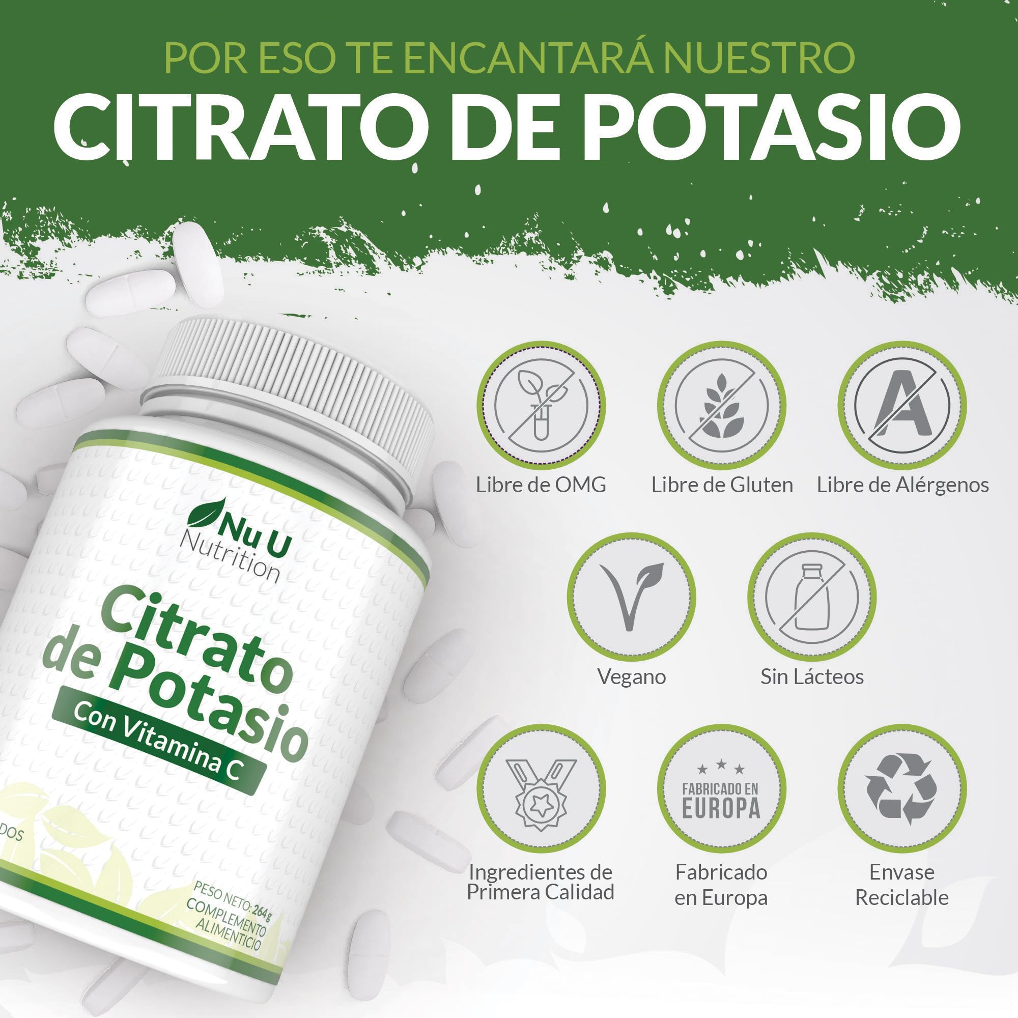 Potasio 1550mg con Vitamina C - 240 Comprimidos Veganos - Suministro Para 4 Meses - 500mg de Citrato de Potassium Activo de Alta Potencia - Fabricado en Europa - Nu U Nutrition