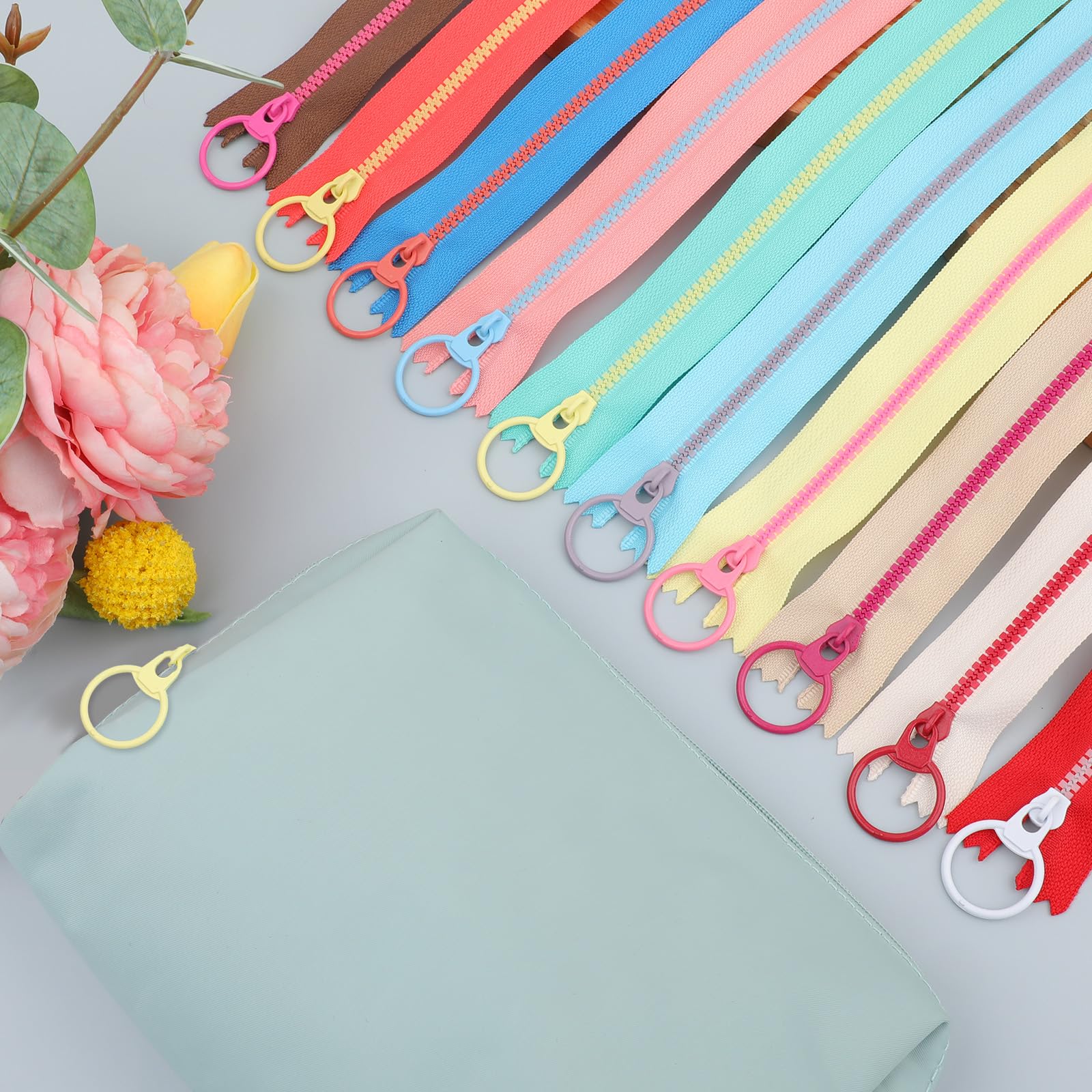 Bewudy 20 Stück Bunt Harz Reißverschlüsse, 10 Farben Nylon Reißverschluss Set Coil Reißverschluss mit Metall-Ring zum Nähen Basteln, 23 cm Kunstharz Nähreißverschlüsse für Nähbegeisterte DIY Kleidung