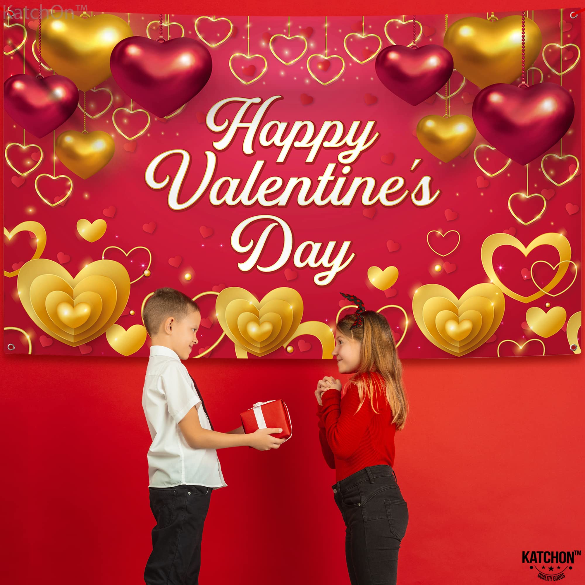 Big Red Heart Cupid Rose Banner For Valentine's Day - 73" X 43" With Rope - Perfect For Party Photos & Decor