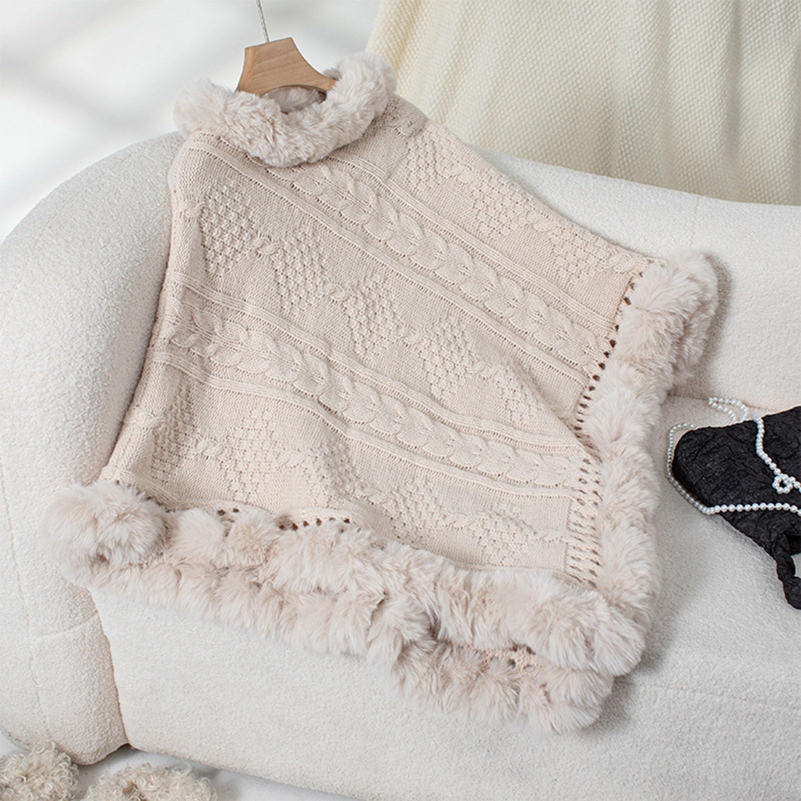 Femmes Fuzzy Hem câble Tricot Poncho, Pullover à col de Tortue en Tricot Solide Gros, vêtements d'hiver décontractés Confortables Oversized