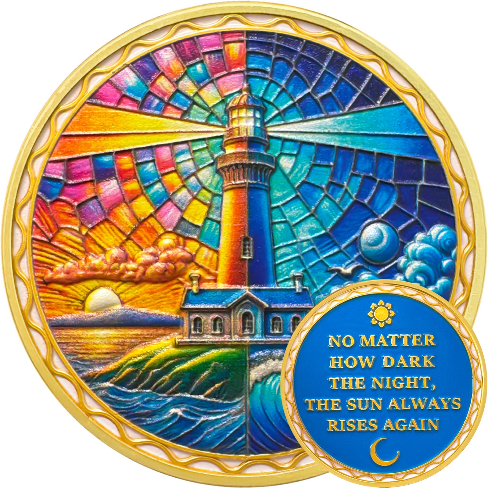 Originale Buntglas-Chips Im Stil Von Nüchternheit, Tag- Und Nachtzyklus, Leuchtturm, Nüchternheit, Nüchternheitsmünze, Nüchternheit, Nüchternheit, Nüchternheit, Geschenke Für Männer Und Frauen