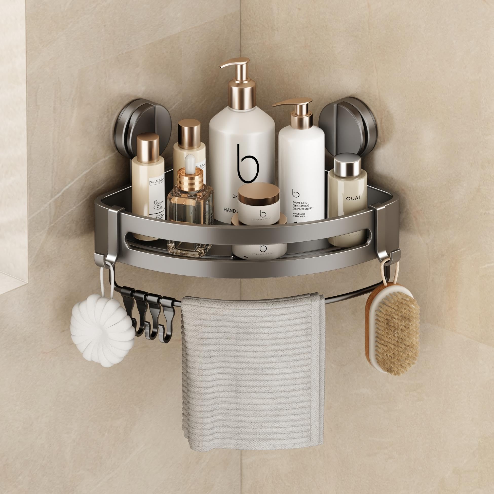 VOLPONE Shower Caddy Suction Cup 1 Pack Corner Shower Shelves No Drilling Showers Organizer Storage with Towel Bar