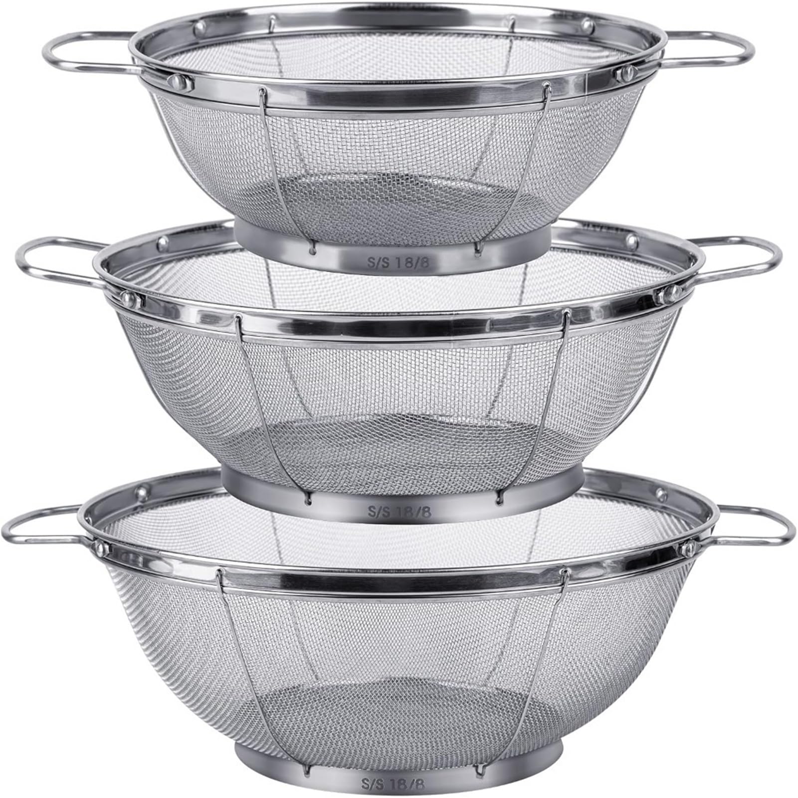 Paquete de 3 coladores acero inoxidable 18/8 (5 cuartos, 4 y cuartos), cestas malla con asas base apoyo for colar, escurrir, enjuagar o vaporizar para Pasta Verduras y Frutas