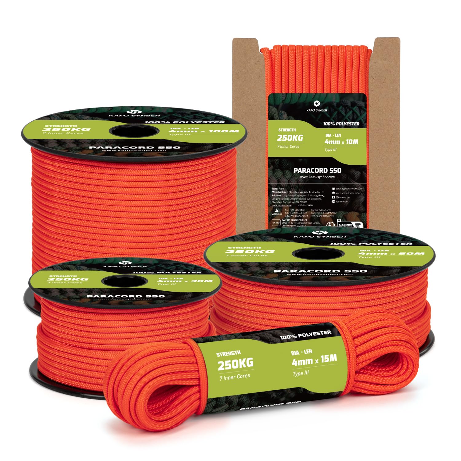 Kamu Synber Paracord 550 Type III 4mm 15m 7 Strands 100% Polyester Rope Parachute Cord Ideal for Crafting, Outdoor, Survival | Support 250kg | Neon Orange