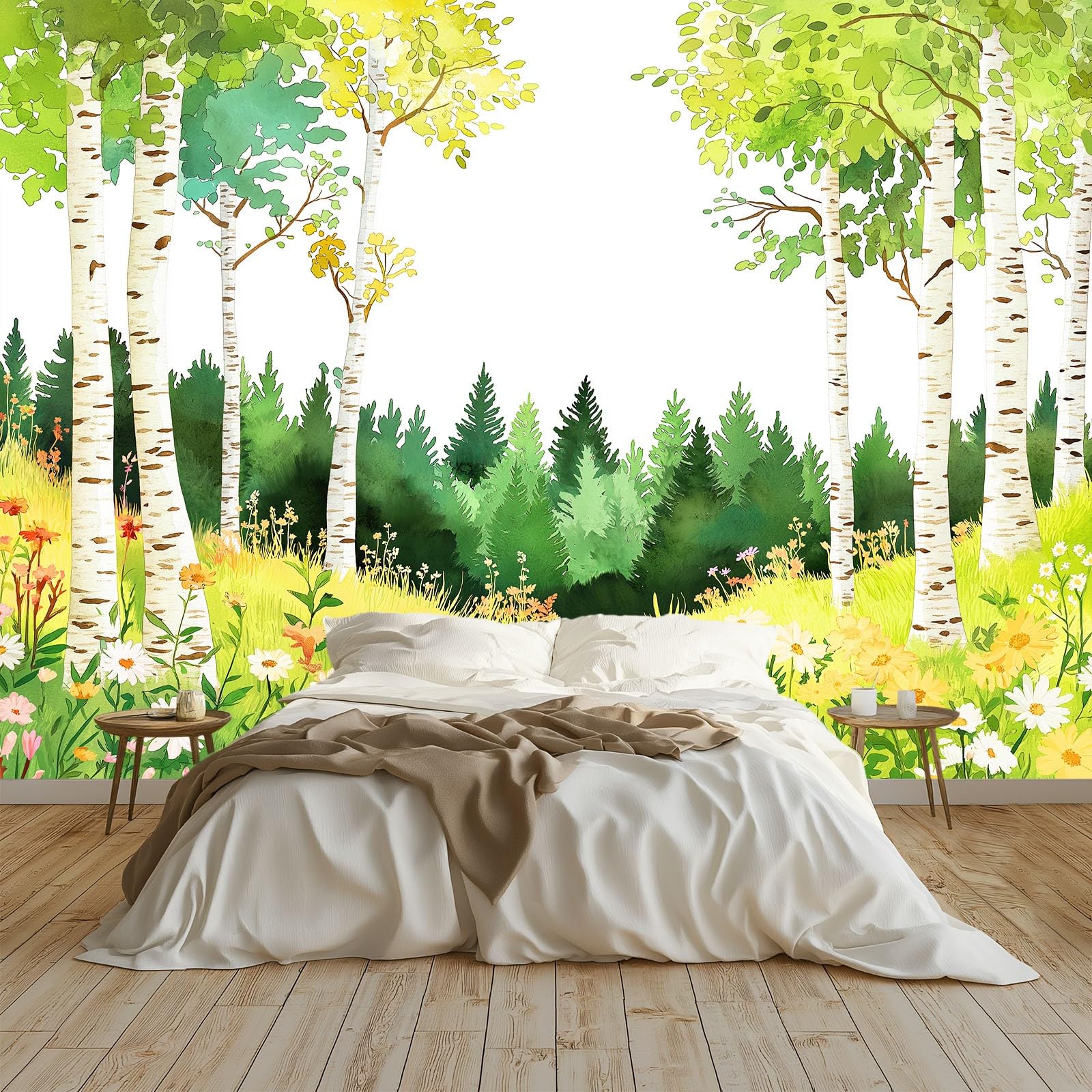 Panoramiczna tapeta Kreskówki Rośliny brzozy, zielone obrazy ścienne 350 x 256 cm (dł. x wys.) - Dekoracja domu do salonu i sypialni