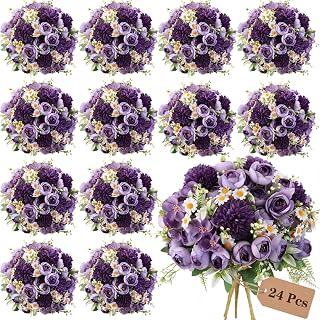 Tigeen 24 Bundles Peonies Artificial Flowers Faux Roses, Dark Purple