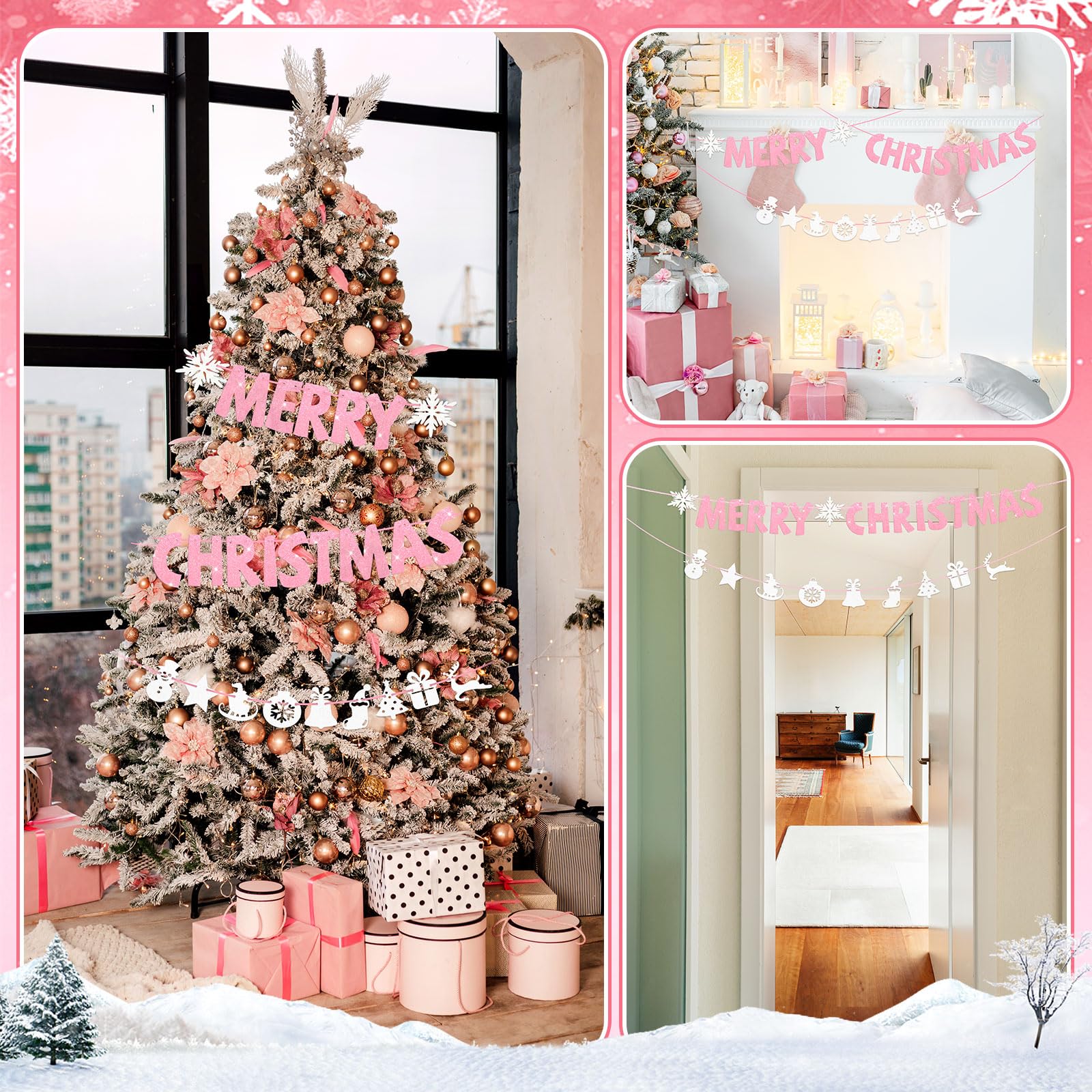 Amazon.co.jp: VitalCozy 3個セット ピンク メリークリスマス バナー