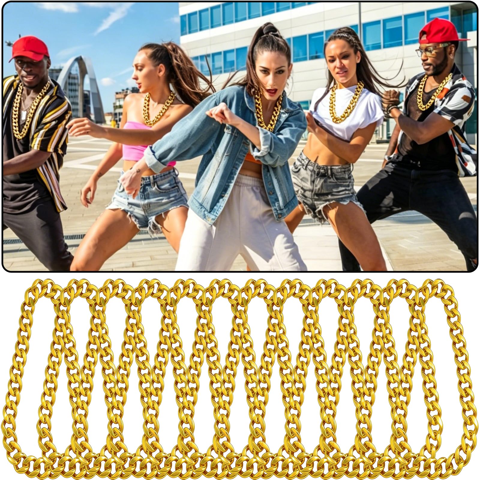 Confezione da 12 catene in plastica spessa per uomo, stile hip hop, 80/90, per costumi rapper, hip hop, per cosplay, Halloween, punk, 81,3 cm/91,4 cm